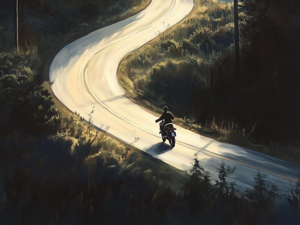 Lone Motorcyclist On Mountain Road Moody Landscape Print Adventure Wall Art For Travel Lovers - Image 3