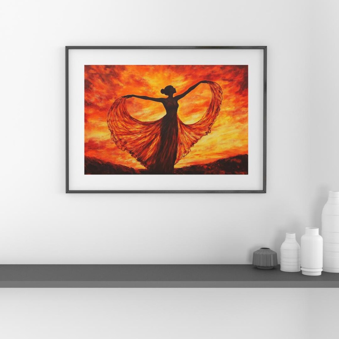 Fiery Sunset Dance Silhouette, Graceful Woman Wall Art - Image 2