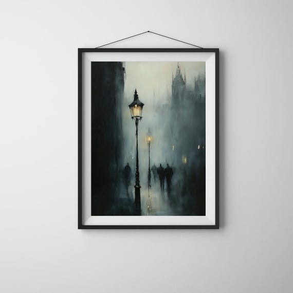 Foggy City Street Lamp Painting Noir Urban Wall Art Moody Vintage Print