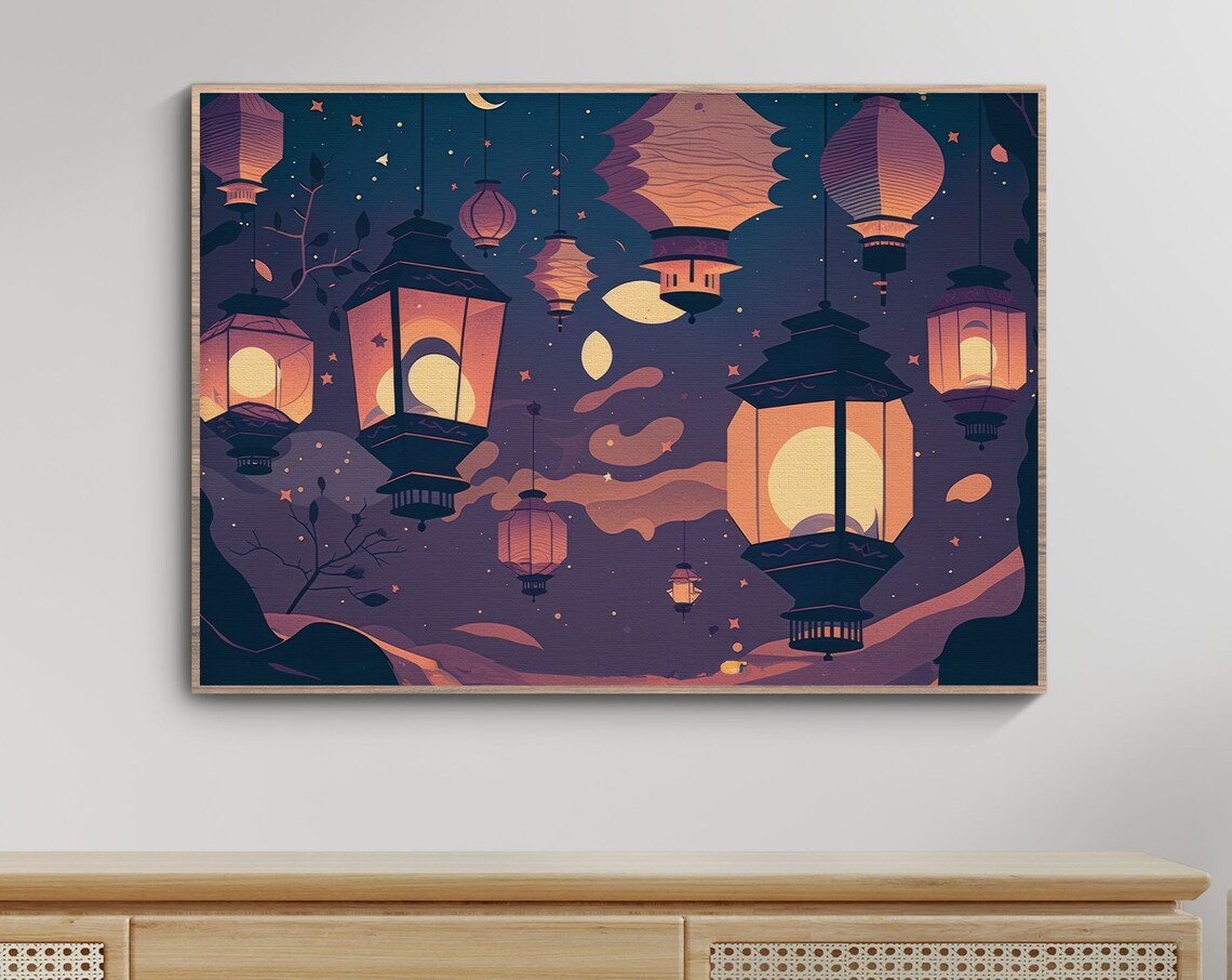 Glowing Night Lanterns Starry Sky Purple Dreamy Fantasy Wall Art