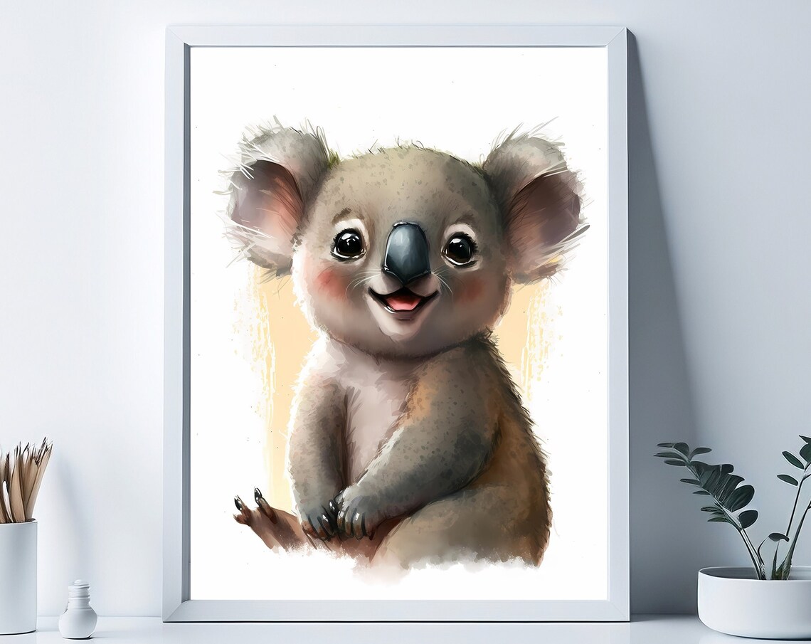 Cute Baby Koala Watercolor Portrait Australian Nursery Wall Art