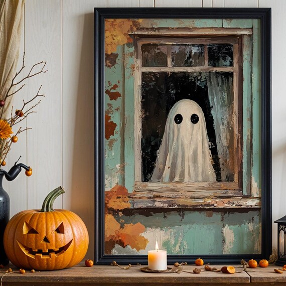 Window Wall Art Spooky Halloween Haunted House Fall Decor Vintage Print Autumn Home