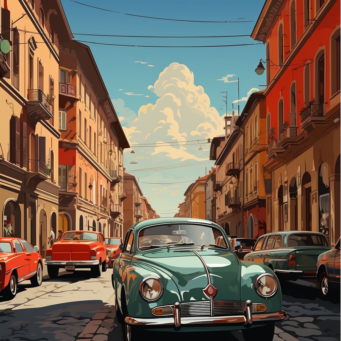Milan Italy Classic Car Street Scene Vintage City Travel Poster - Image 4