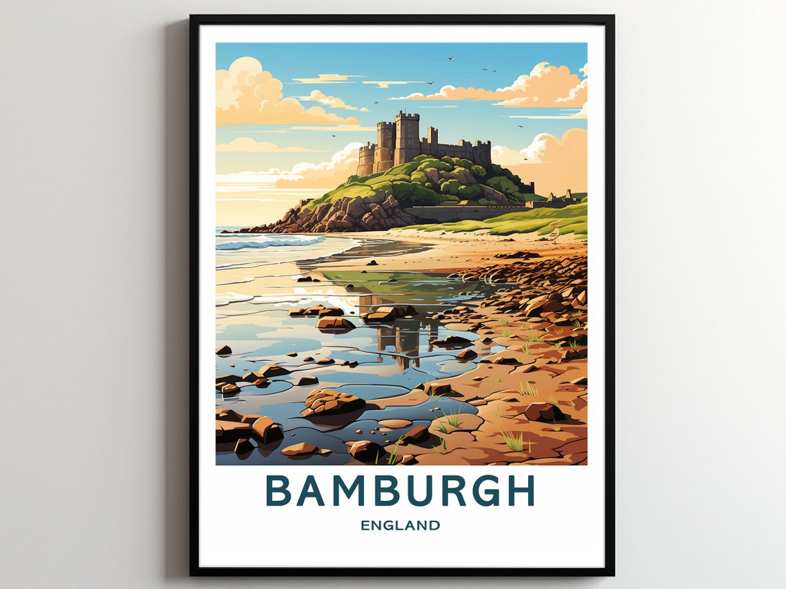 Bamburgh Castle England Coastal Sunset Vintage Travel Poster