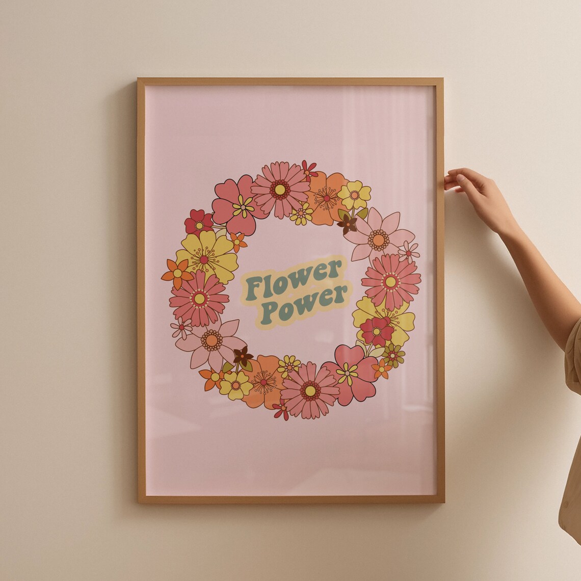 Flower Power Daisy Retro Floral Wreath Hippie Decor Wall Poster