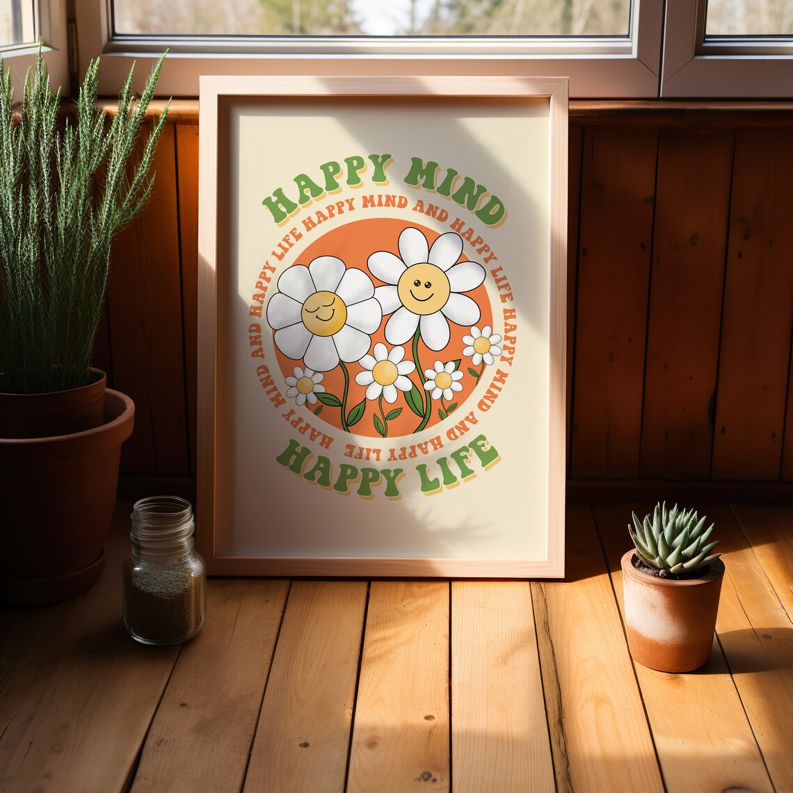 Happy Mind Happy Life Smiley Daisy Retro Badge Style Wall Poster - Image 4