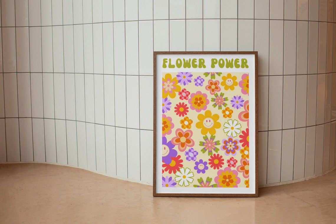 Flower Power Retro Smiley Daisy All Over Pattern Wall Poster - Image 4