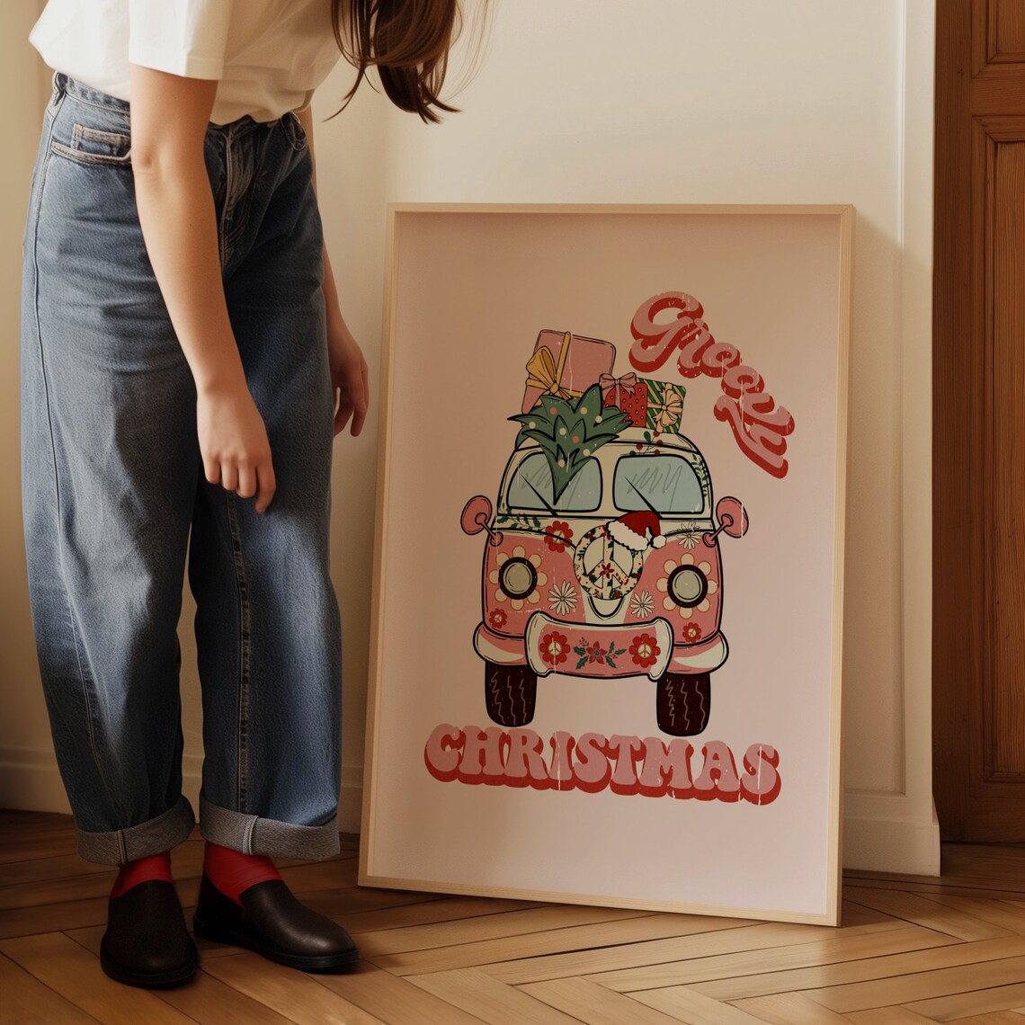 Groovy Christmas Pink Camper Van Poster Retro Holiday Flower Power - Image 2