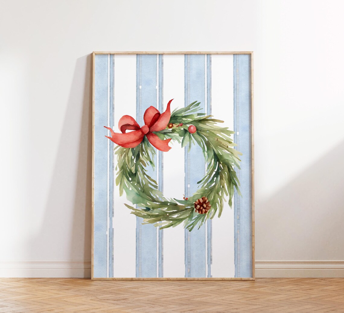 Christmas Wreath Watercolor Red Bow Holiday Season Wall Poster - Image 4