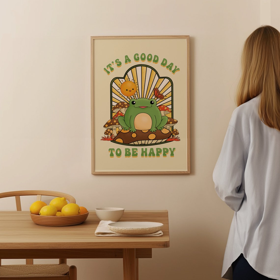 Its A Good Day To Be Happy Cute Frog Mushroom Groovy Quote Poster - Image 3