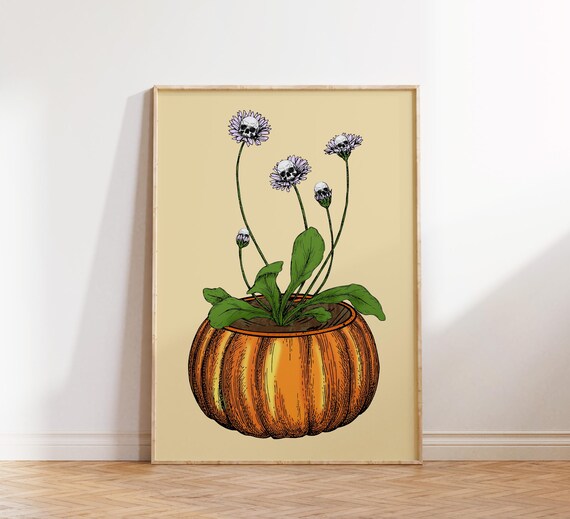Skull Daisy Halloween Pumpkin Gothic Floral Spooky Wall Poster