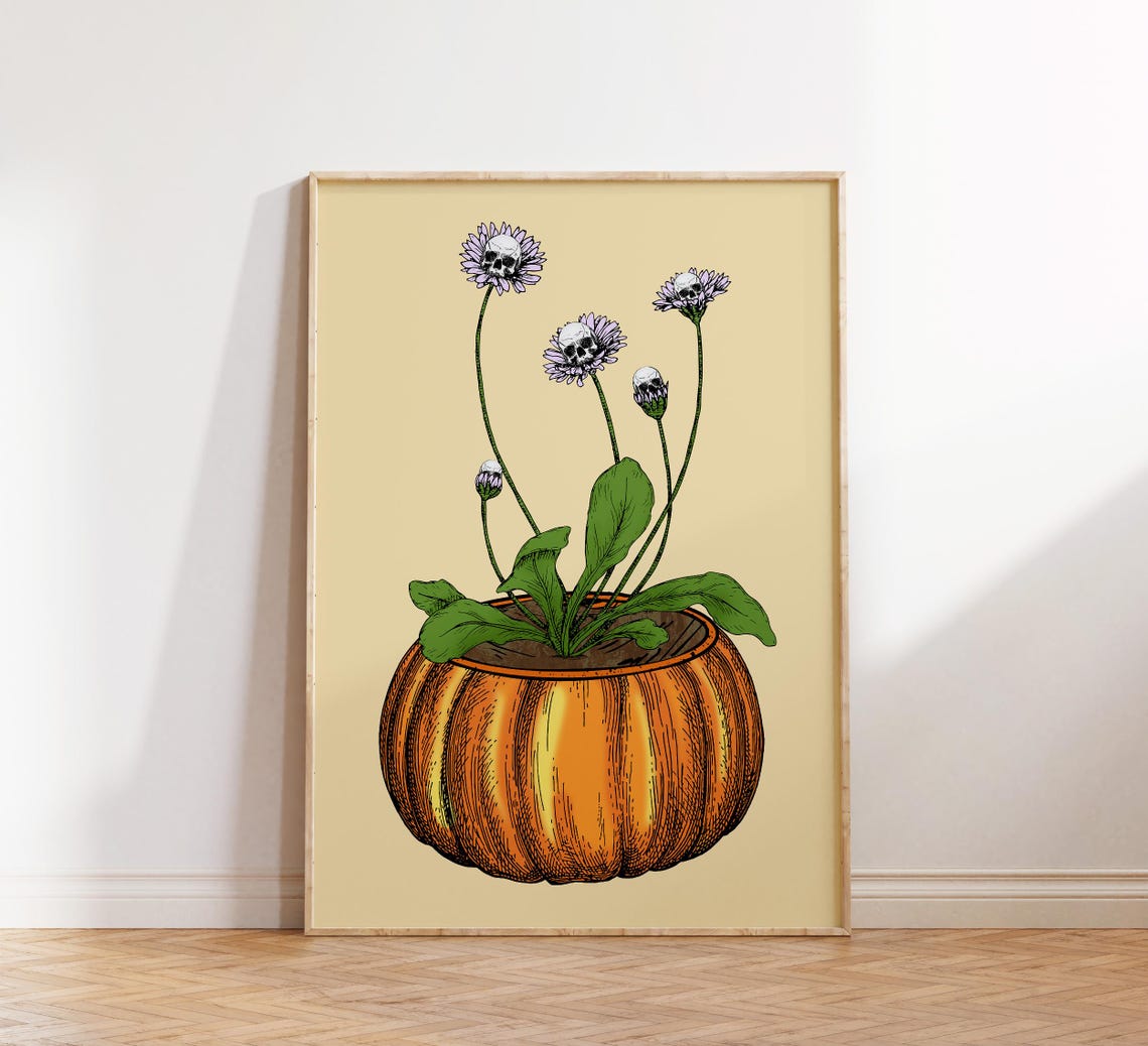 Skull Daisy Halloween Pumpkin Gothic Floral Spooky Wall Poster