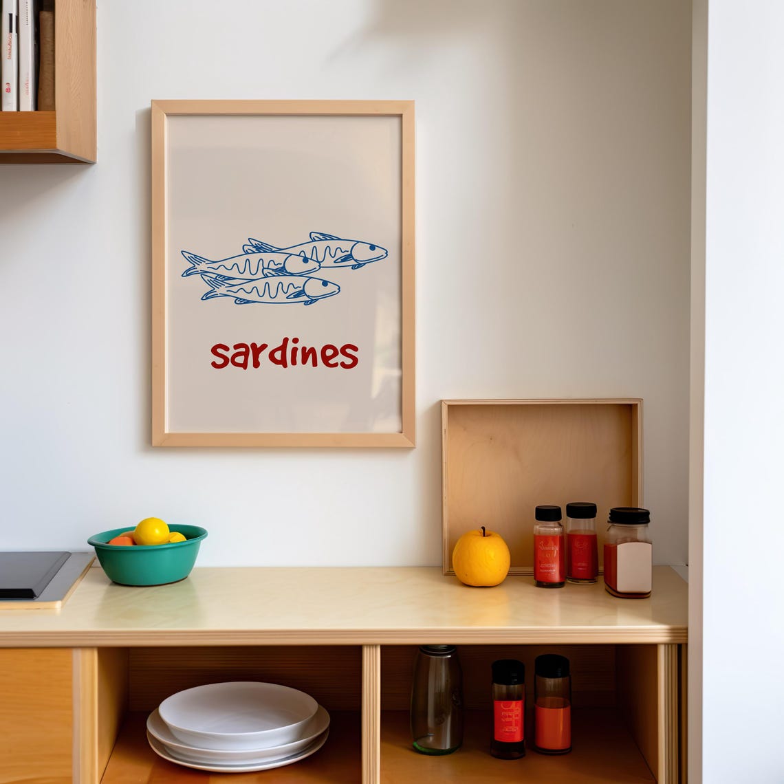Retro Sardines Three Blue Fish Line Drawing Coastal Kitchen Poster - Image 3