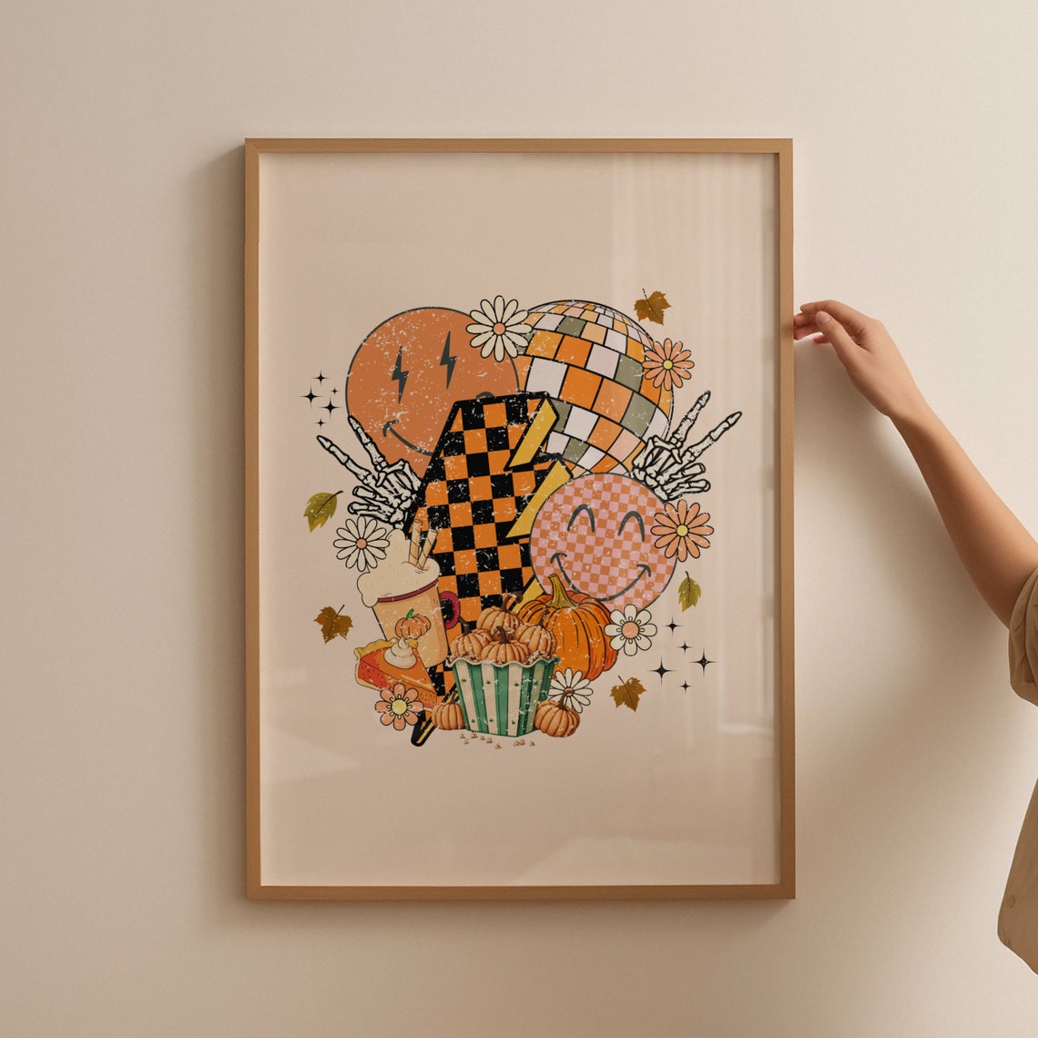 Retro Fall Collage Pumpkins Disco Ball Checkered Smiley Poster - Image 4