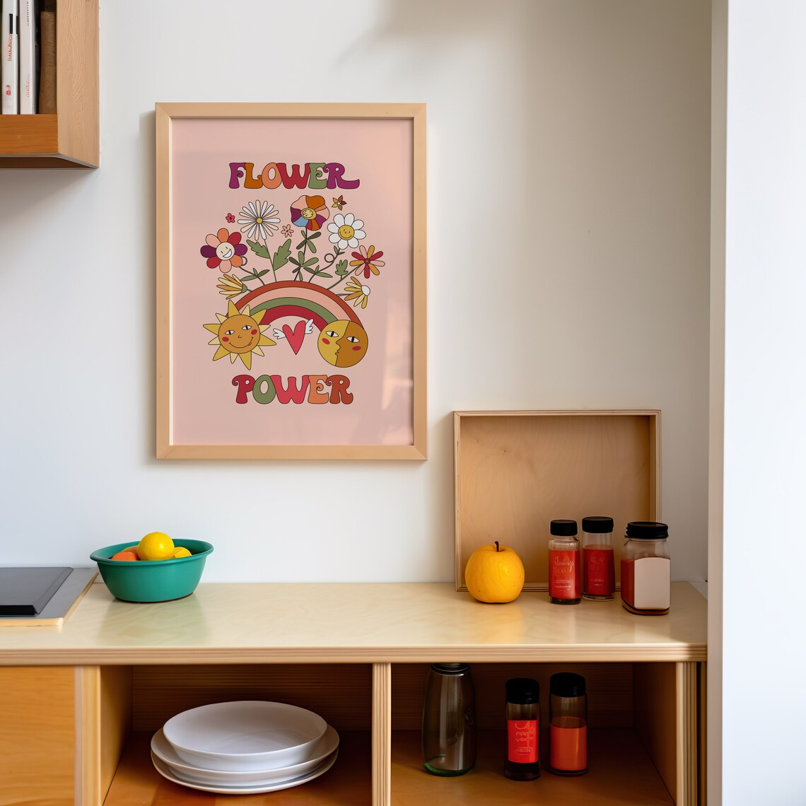 Flower Power Retro Hippie Groovy Smiling Daisy Sun Moon Art Poster - Image 2
