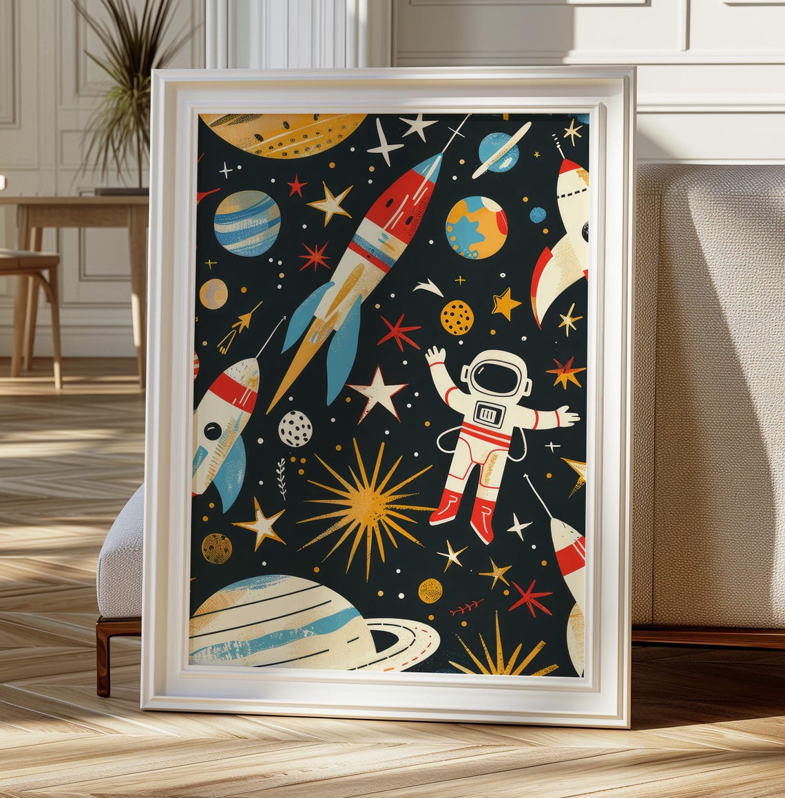 Retro Space Rockets Astronaut Planets Stars Vintage Galaxy Poster - Image 2