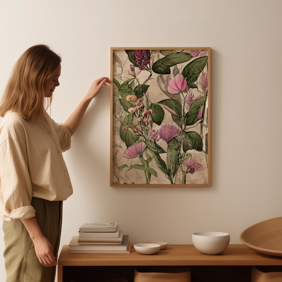 Vintage Botanical Pink Blossom Green Leaves Nature Art Poster - Image 3