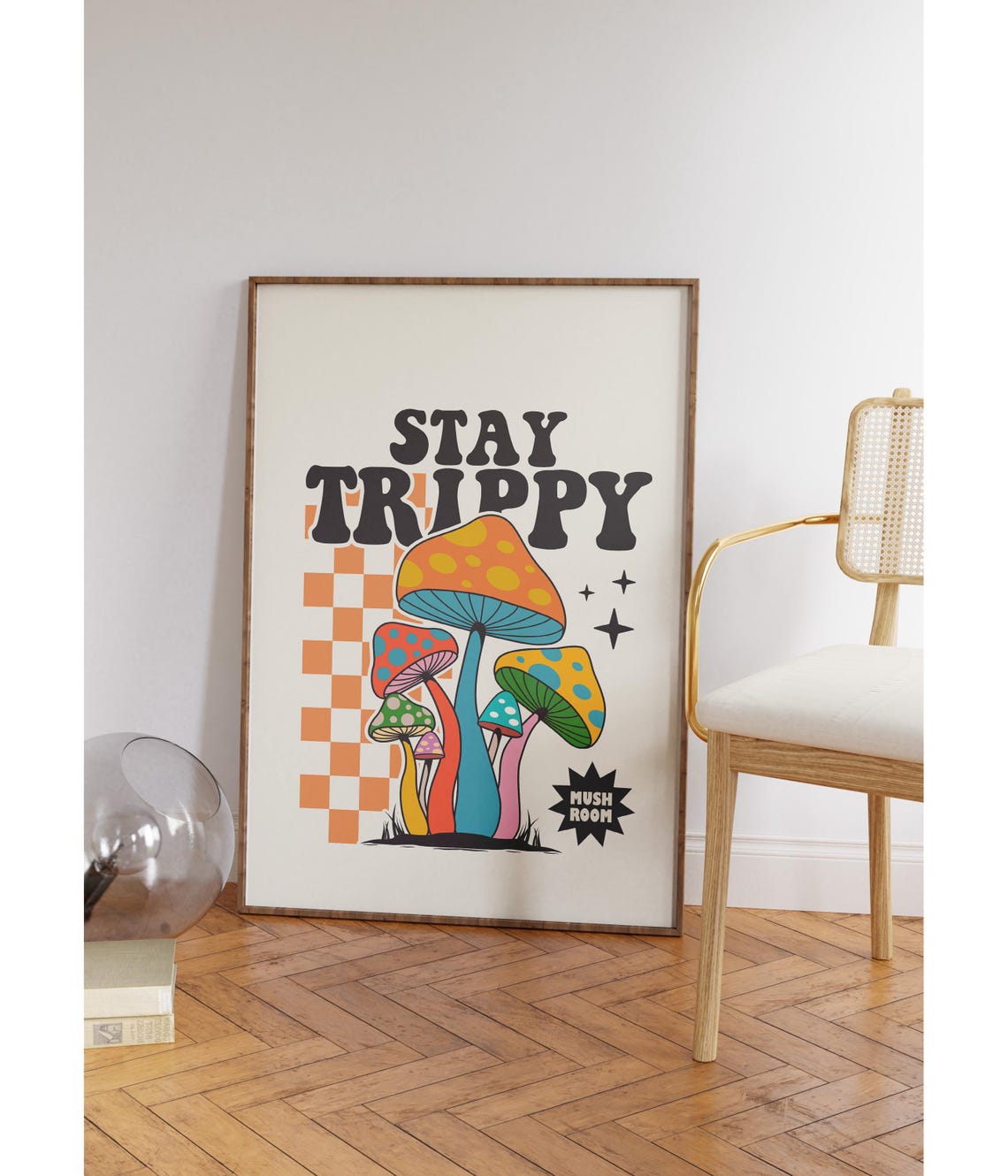Stay Trippy Funny Retro Mushroom Checkered Psychedelic Art Poster - Image 2