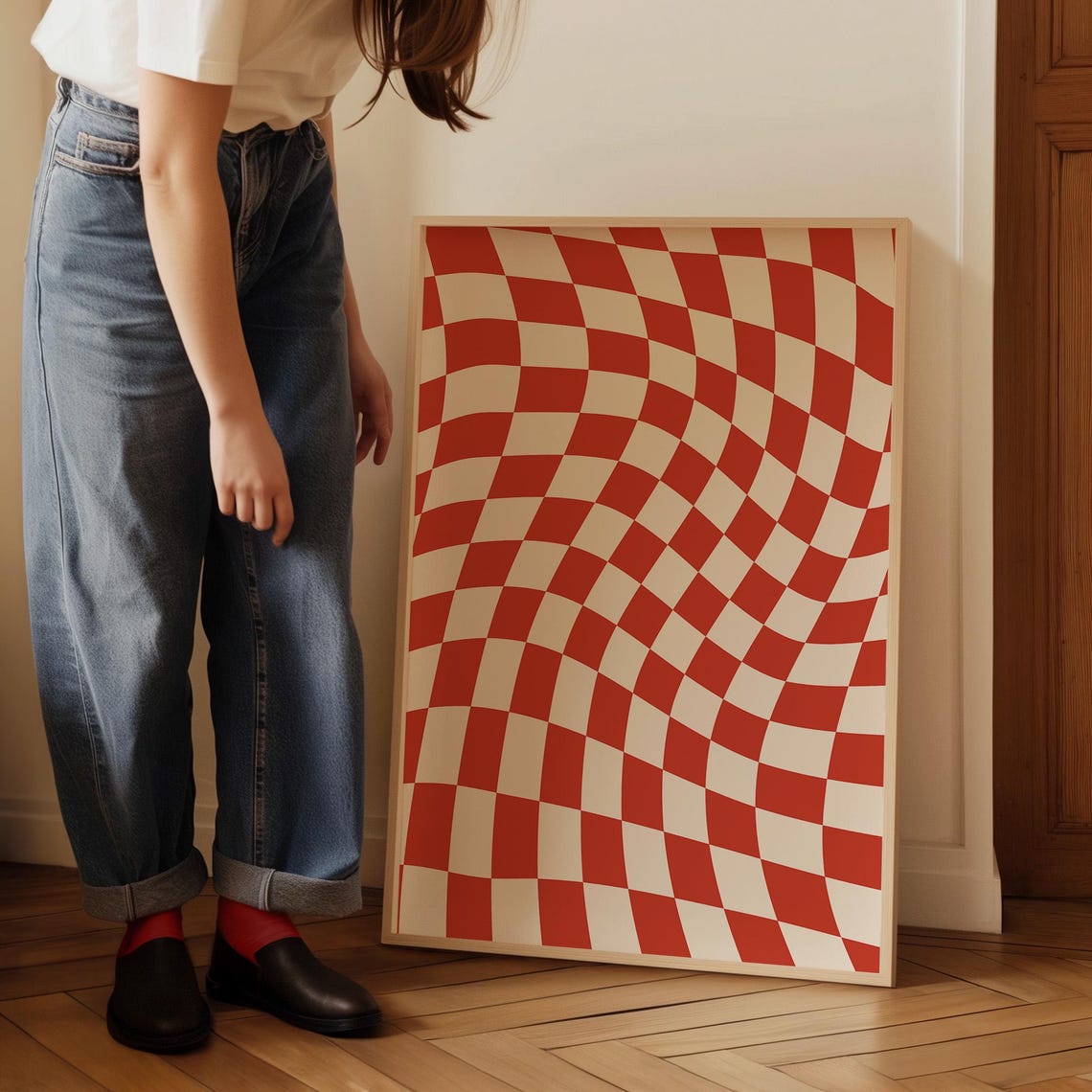 Wavy Red White Checkerboard Pattern Bold Retro Optical Art Poster - Image 4