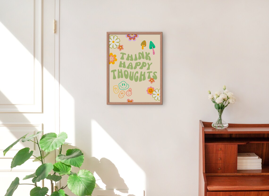 Retro Happy Quote Wall Art Positive Quote Print Print Cute Retro Wall Decor Wall Decor Large Wall Art Decor - Image 2