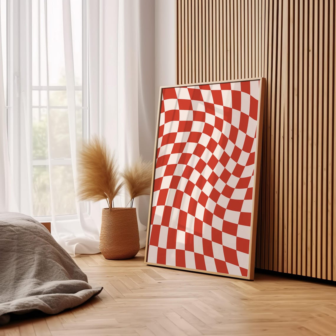 Wavy Red White Checkerboard Pattern Bold Retro Optical Art Poster - Image 2