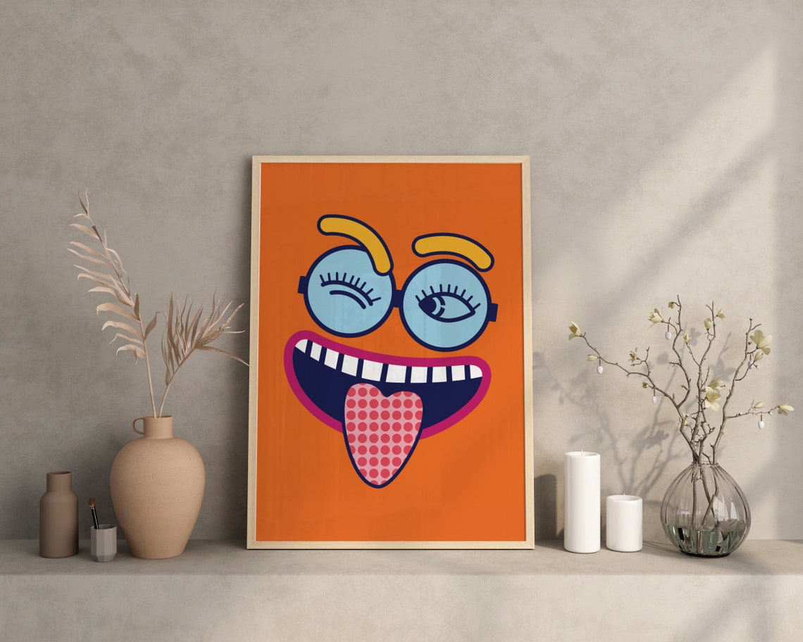 Wacky Cartoon Face Orange Pop Art Funny Winking Eye Quirky Poster - Image 3