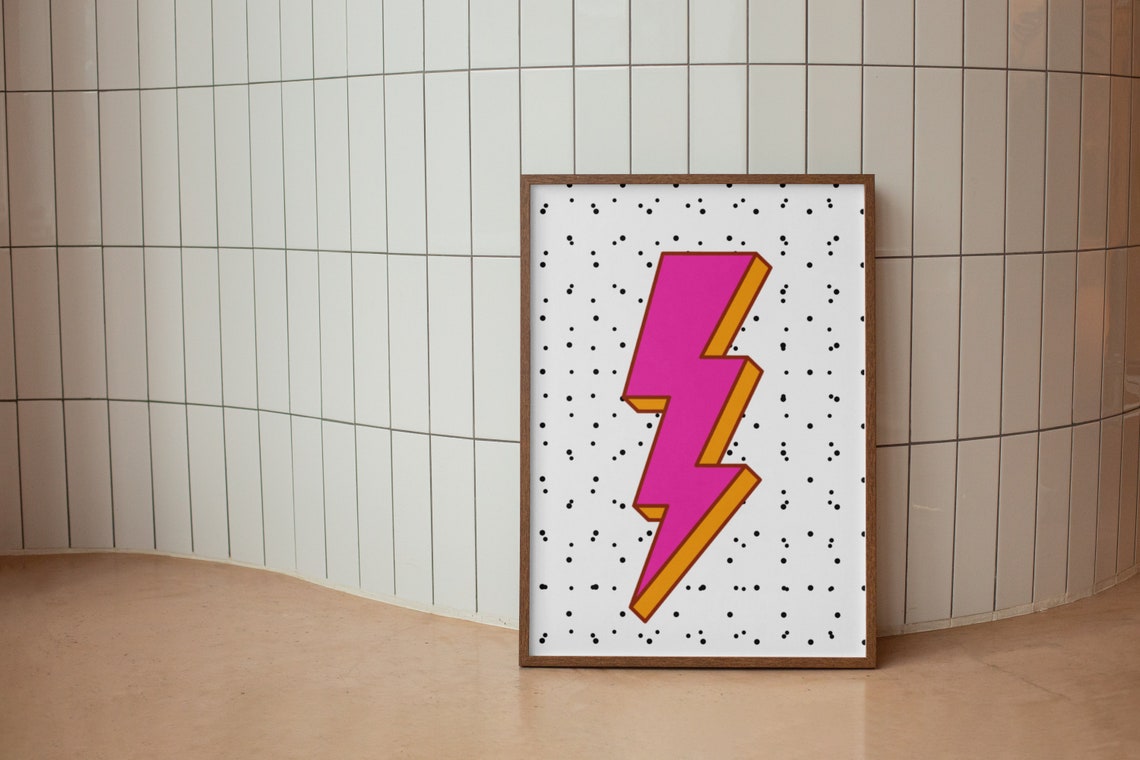 Pink Lightning Bolt Pop Art Retro Preppy Dot Background Art Print - Image 4