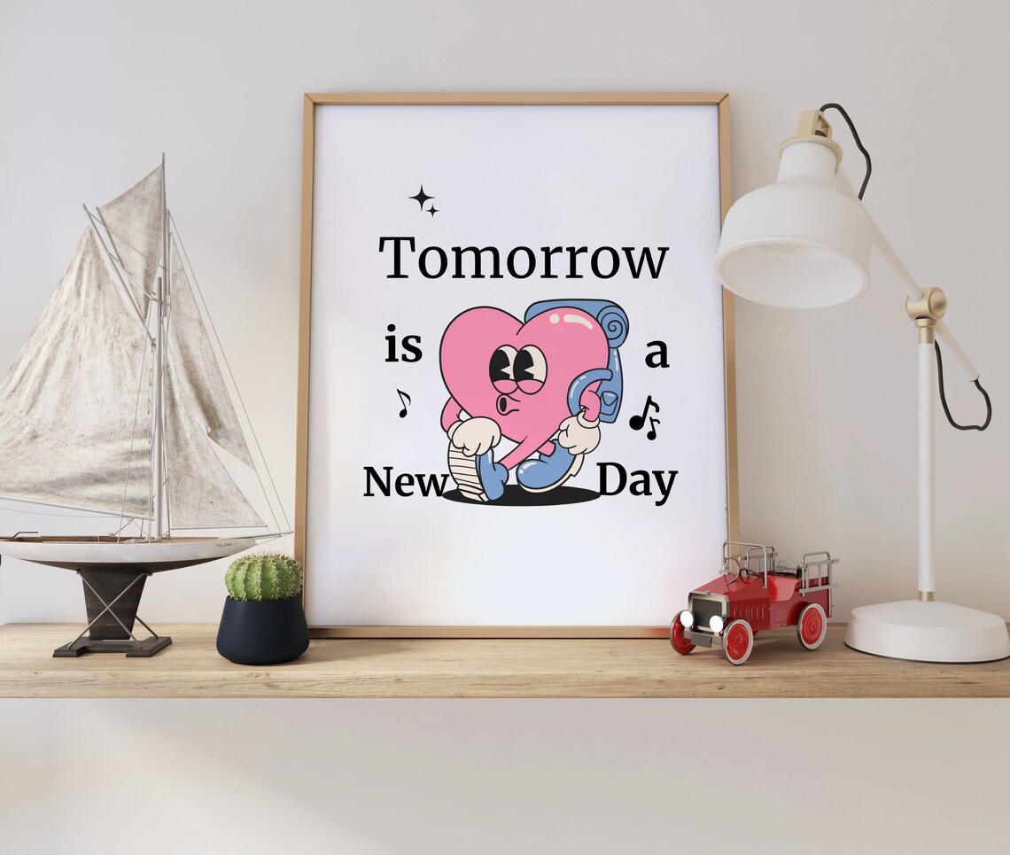 Tomorrow Is A New Day Cute Pink Walking Heart Retro Quote Poster - Image 2