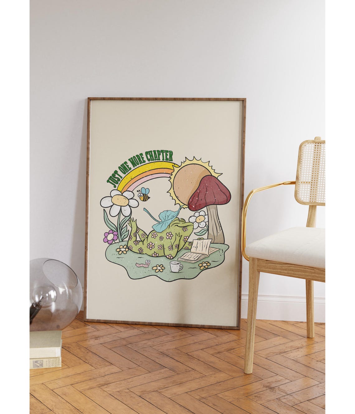Just One More Chapter Frog Reading Book Rainbow Retro Funny Poster - Image 3