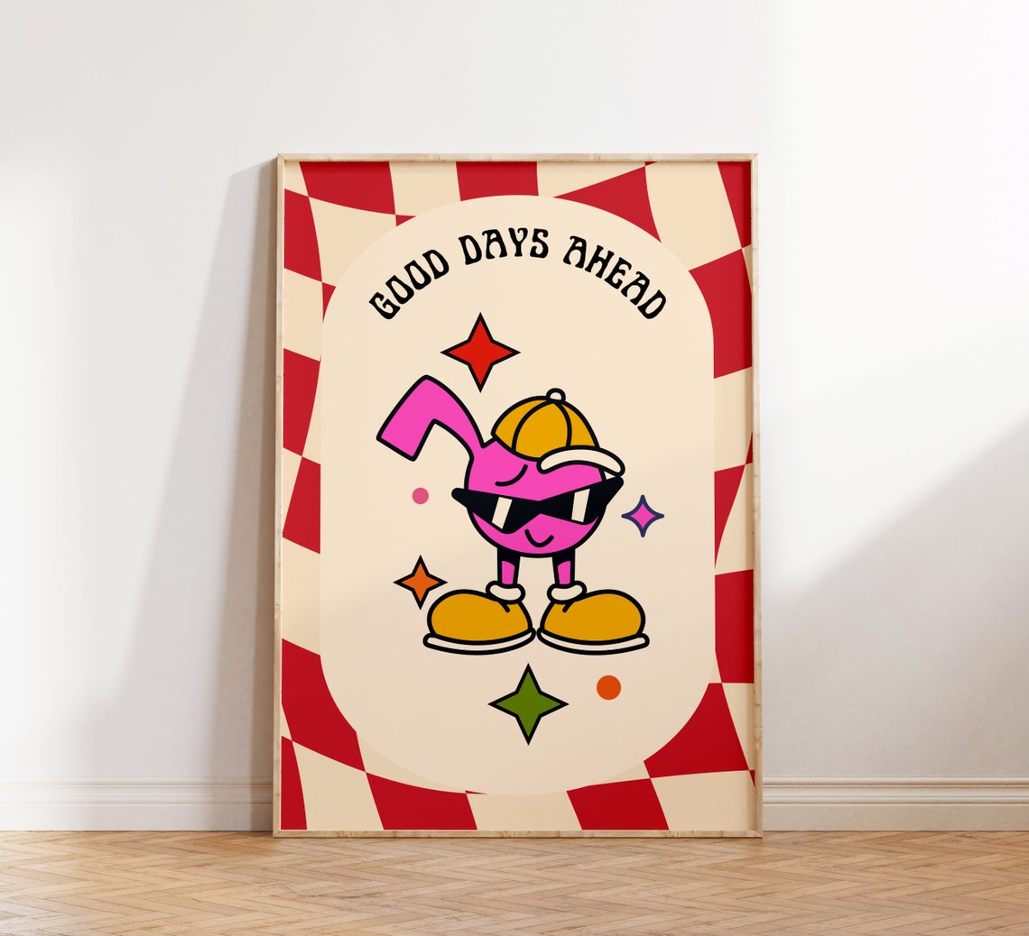Good Days Ahead Retro Pink Groovy Character Checkerboard Poster - Image 3