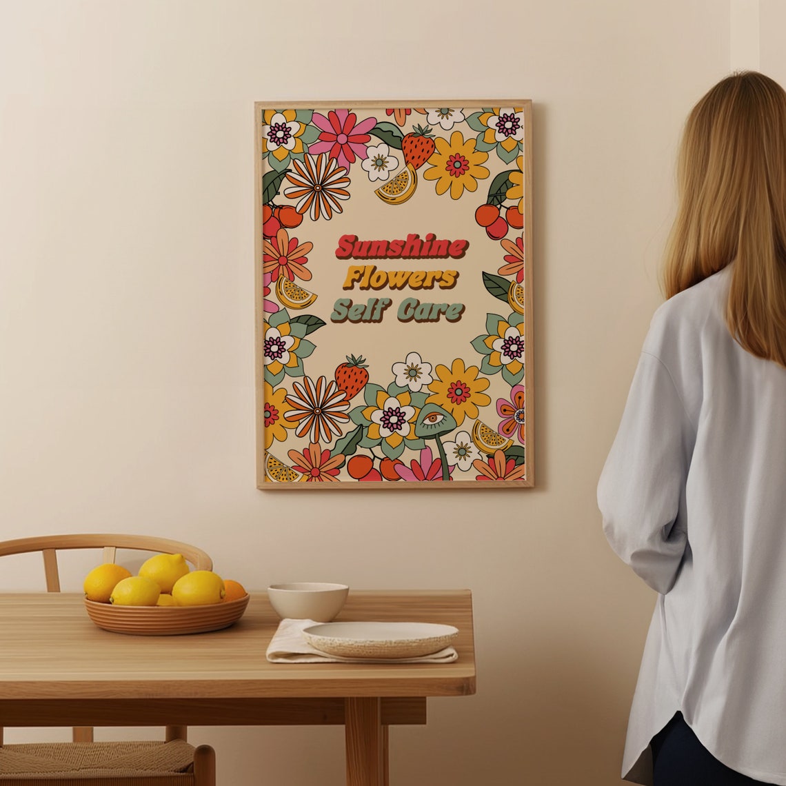 Sunshine Flowers Self Care Retro Groovy Boho Floral Quote Poster - Image 3