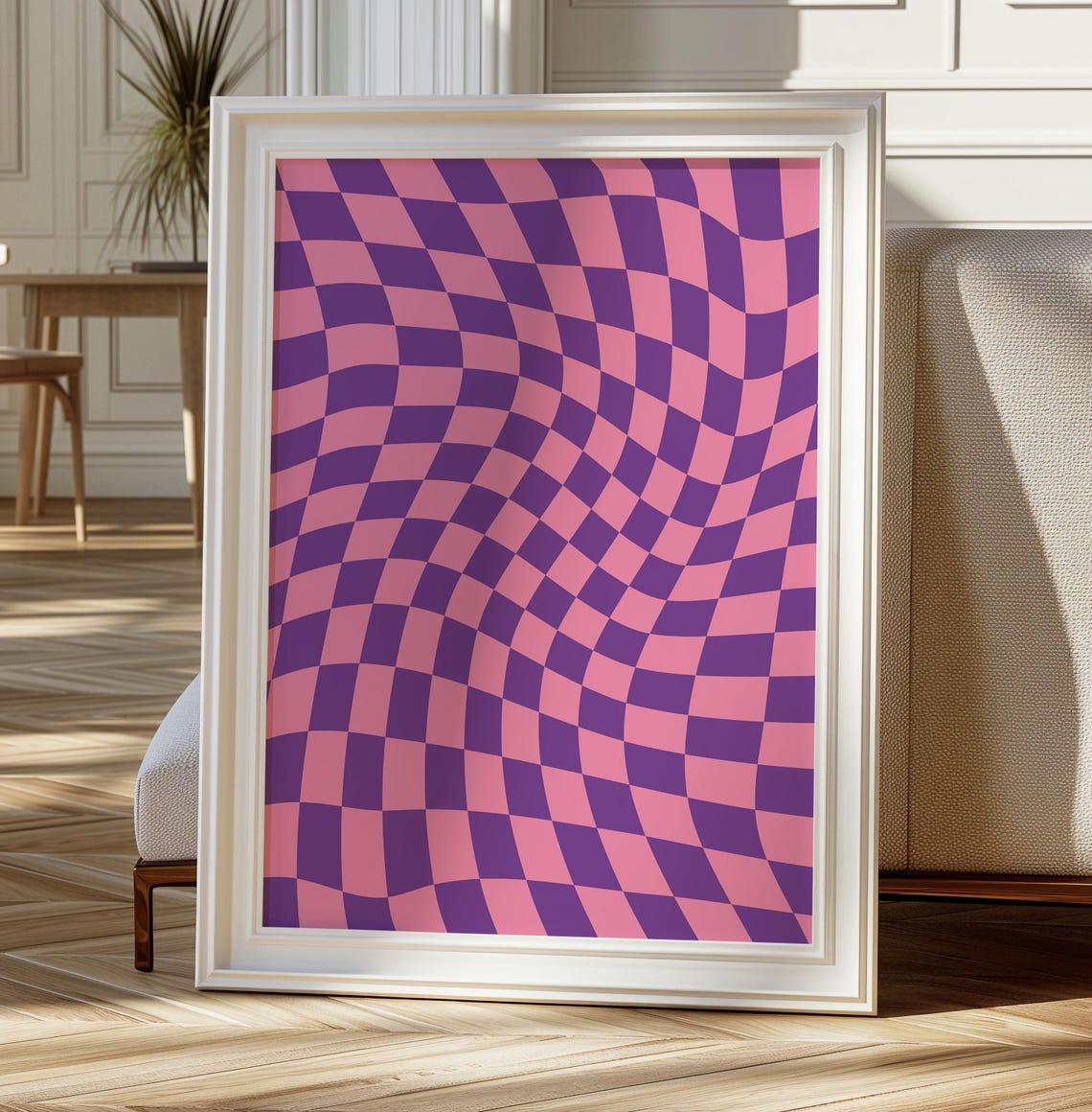 Wavy Checkerboard Pattern Bold Purple Pink Retro Abstract Poster - Image 2