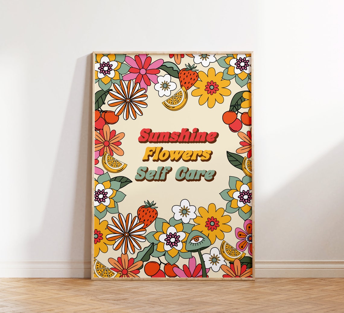 Sunshine Flowers Self Care Retro Groovy Boho Floral Quote Poster - Image 2
