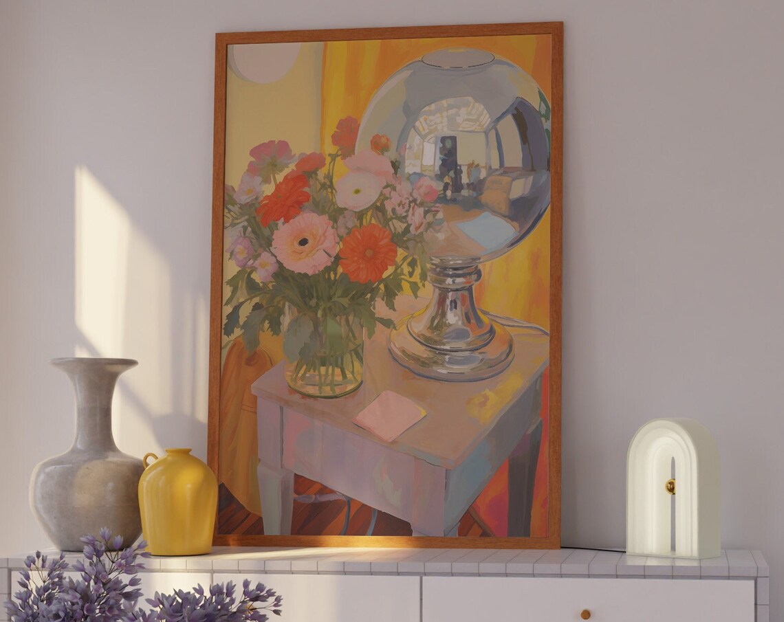 Disco Ball And Flower Bouquet Sunny Tabletop Scene Art Poster