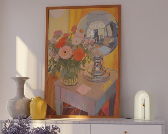 Bar Cart Print Floral Poster Kitchen Decor Trendy Art Print Retro Fun Decor Mirrorball Poster 70s Home Decor Disco Ball Statement Art