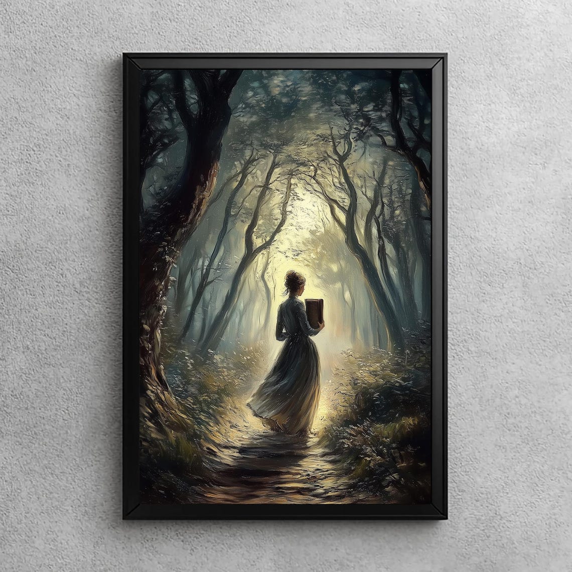 Enchanted Reader Dark Academia Forest Woman Vintage Book Poster