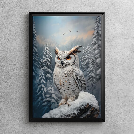 Snowy White Owl in a Winter Forest Oil Painting Animal Poster