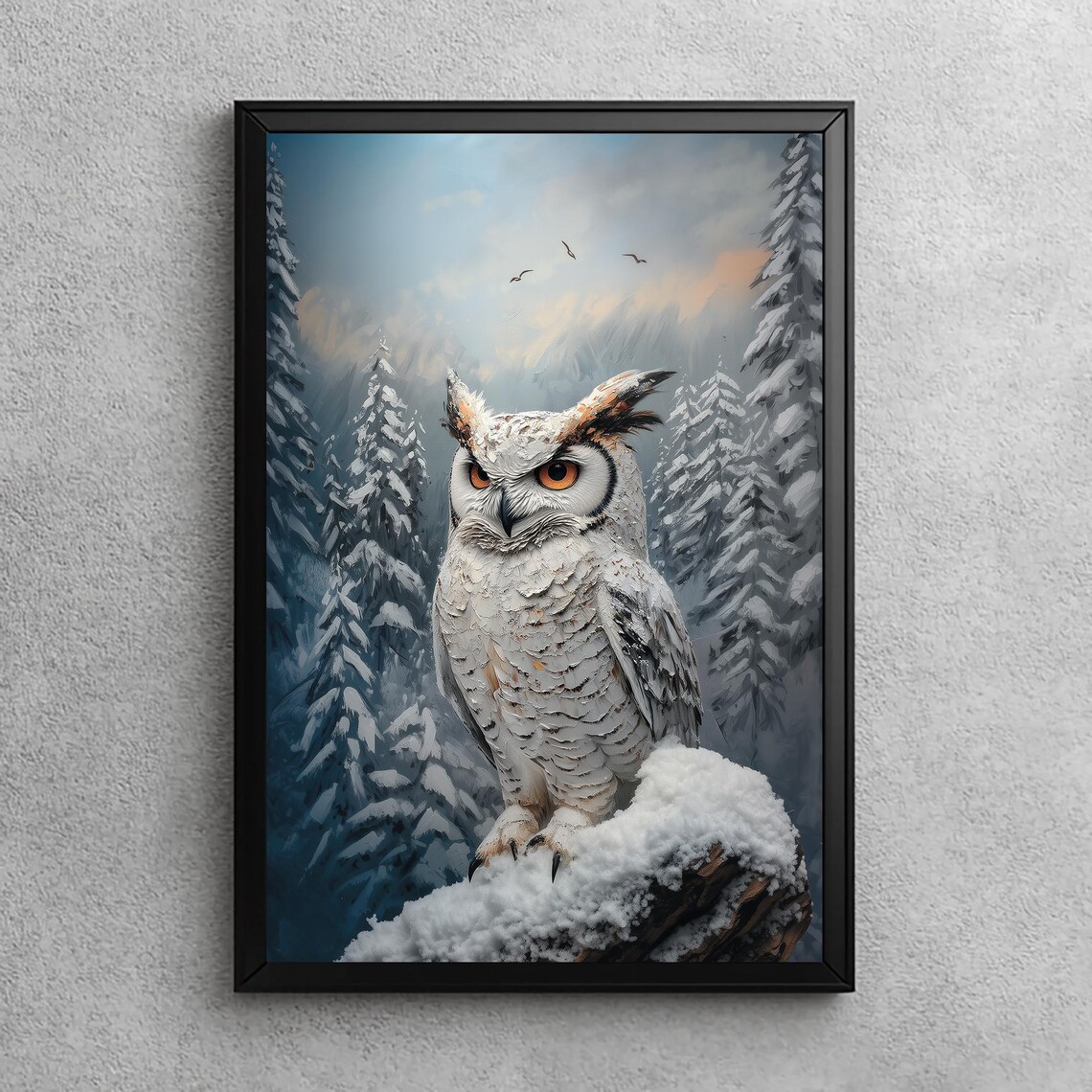 Snowy White Owl in a Winter Forest Oil Painting Animal Poster