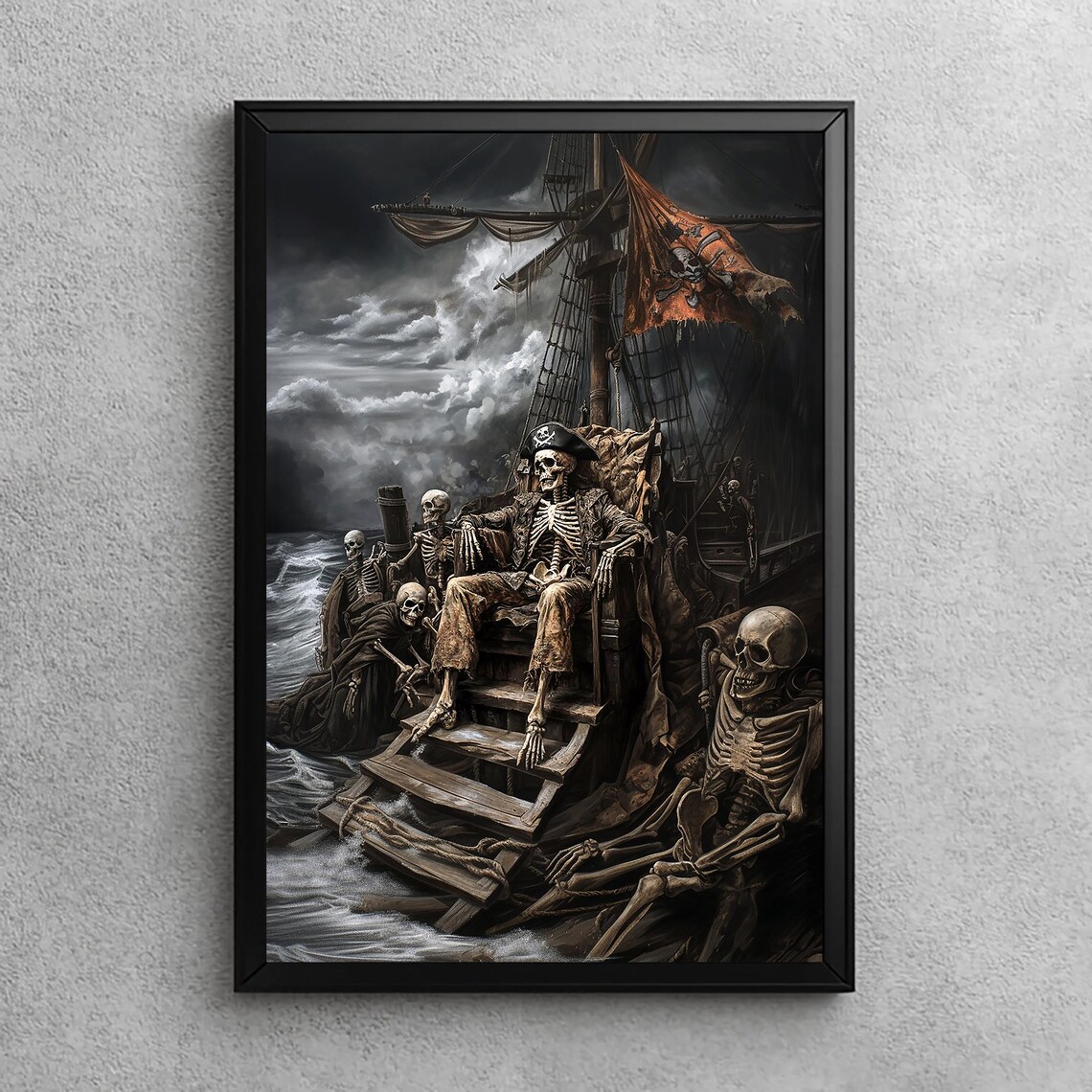Pirate Skeleton Crew Spooky Halloween Wall Art Gothic Decor Dark Academia Painting Haunted Ship