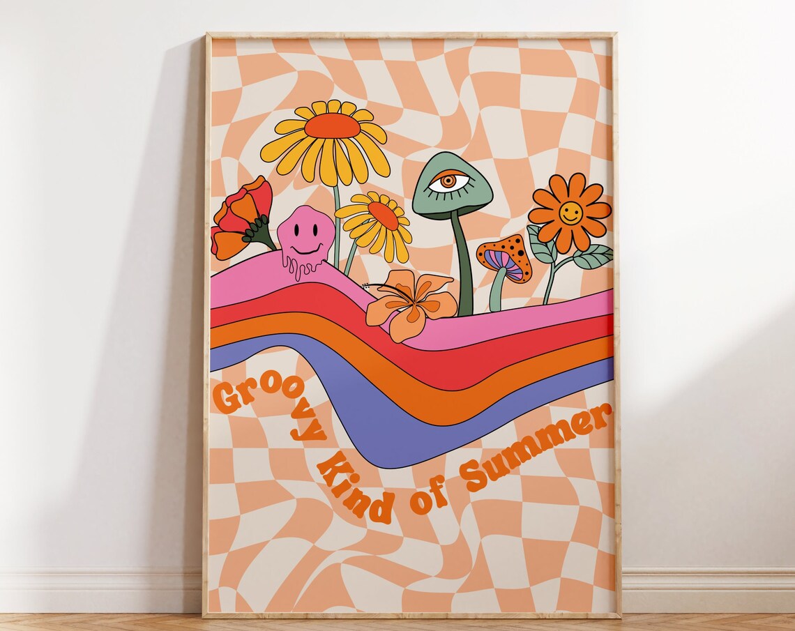 Retro Groovy Summer Poster, 70s Hippie Decor