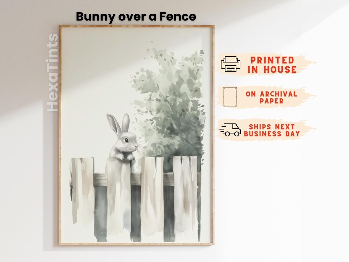 Bunny Peeking Over Picket Fence Watercolor Neutral Nursery Art Print - Image 4