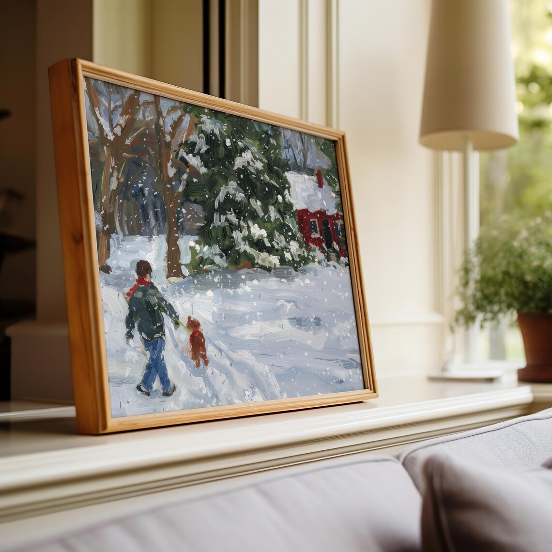 Winter Snowy Stroll Child With Dog Red Barn Vintage Landscape Painting - Image 2