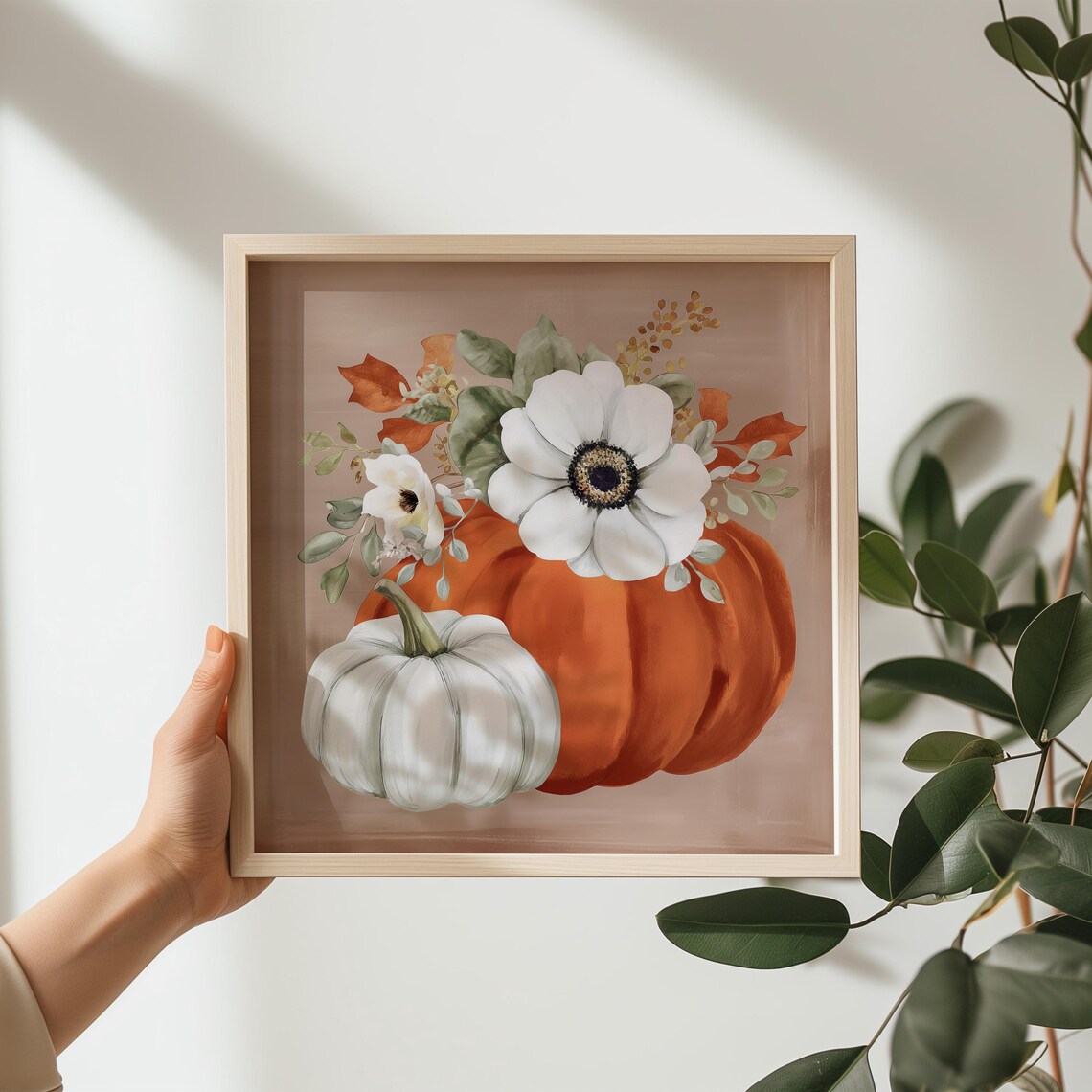 Autumn Pumpkins And White Flowers Botanical Print Cozy Fall Harvest Wall Decor - Image 3