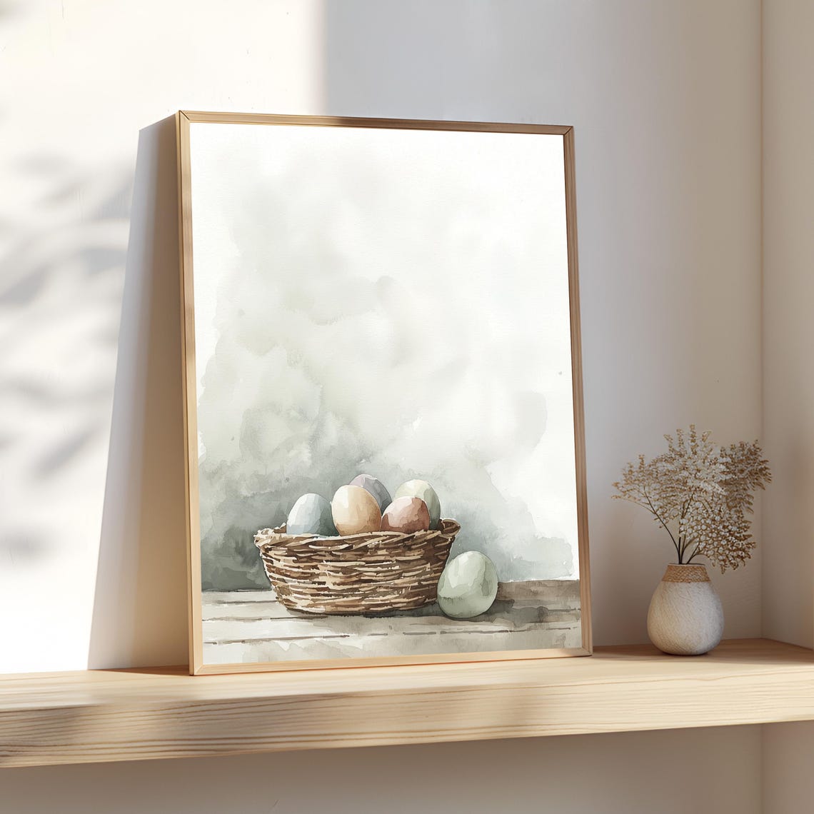 Easter Eggs In Wicker Basket Watercolor Rustic Spring Wall Art Print