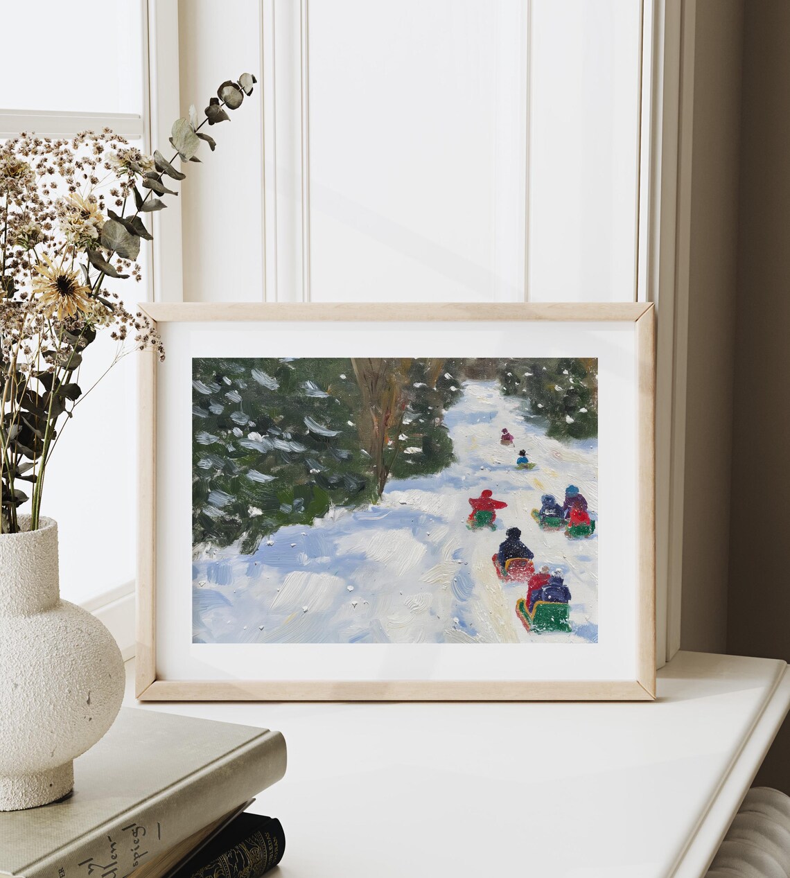 Winter Landscape, Children Sledding Art Print - Image 2