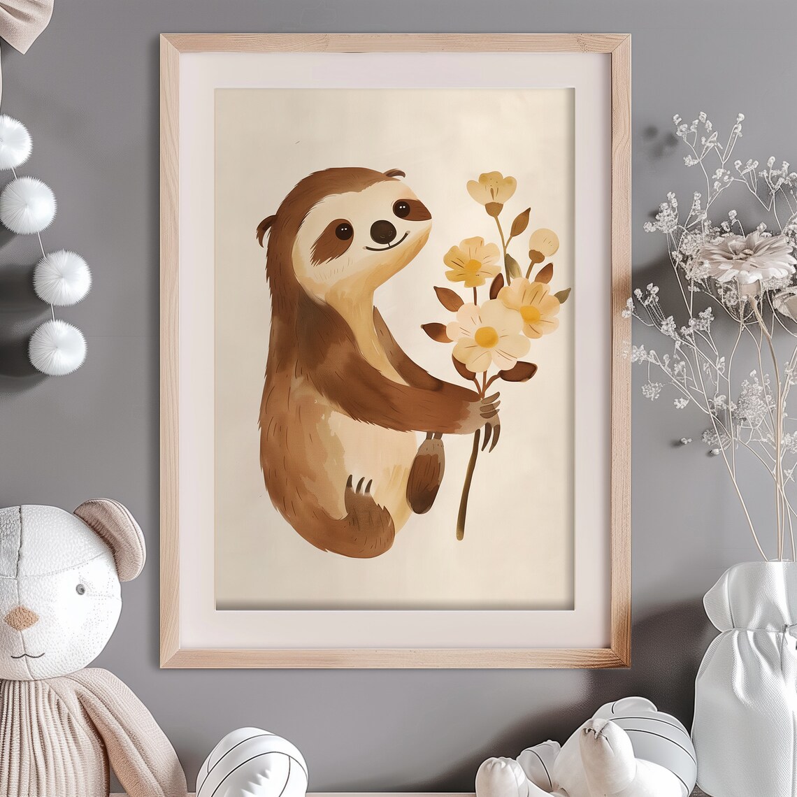 Cute Sloth Holding Flowers Watercolor Whimsical Nursery Wall Art Print - Image 3