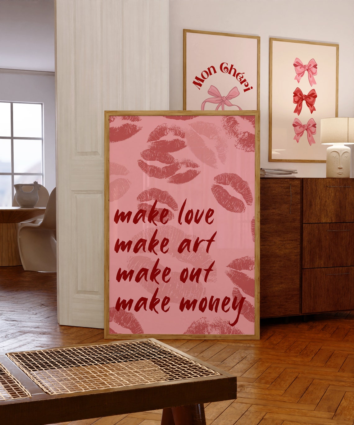 Pink Lips Kiss Mark Poster with Make Love Make Art Typography - Image 4