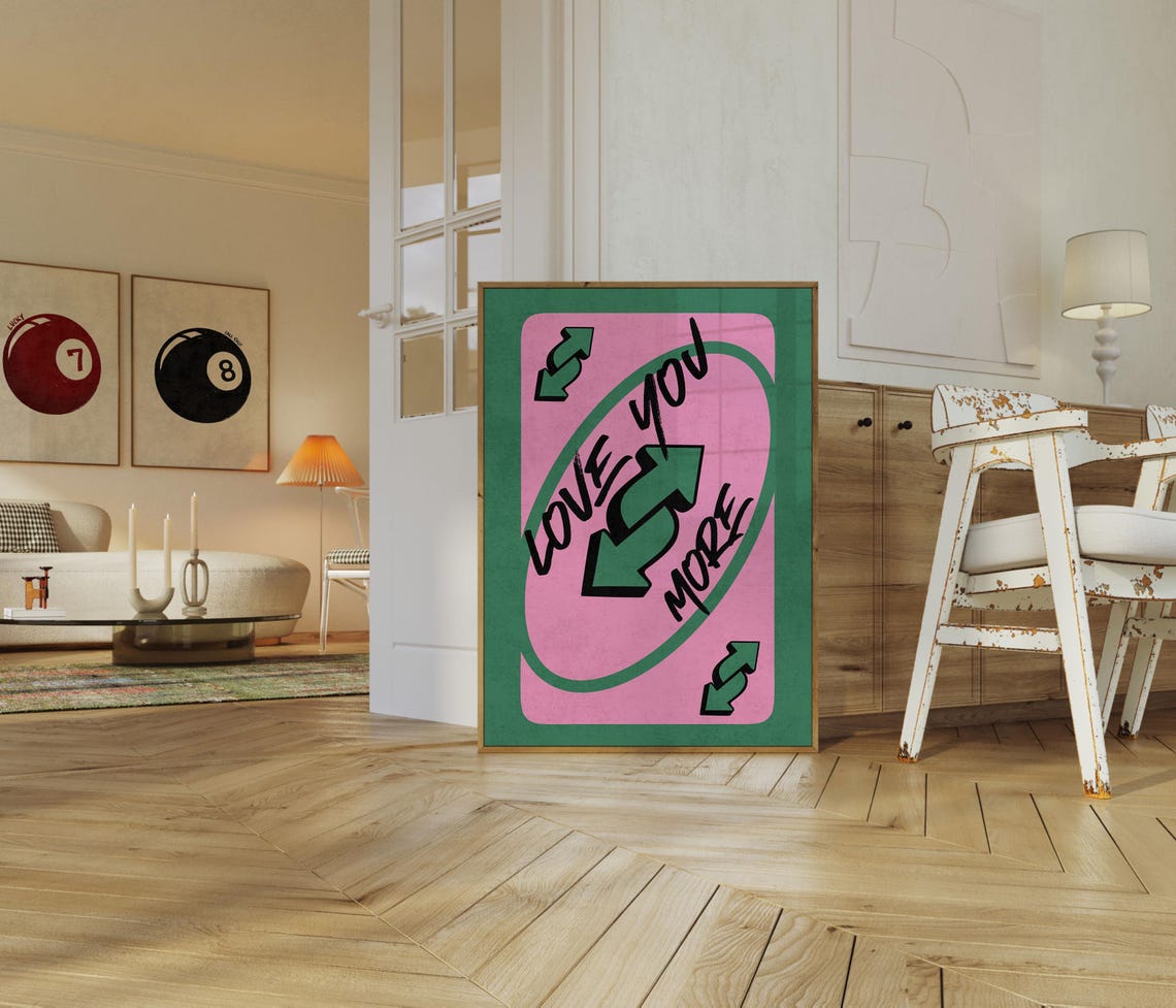Love You More Pink and Green Playing Card Retro Reverse Trendy Poster - Image 3