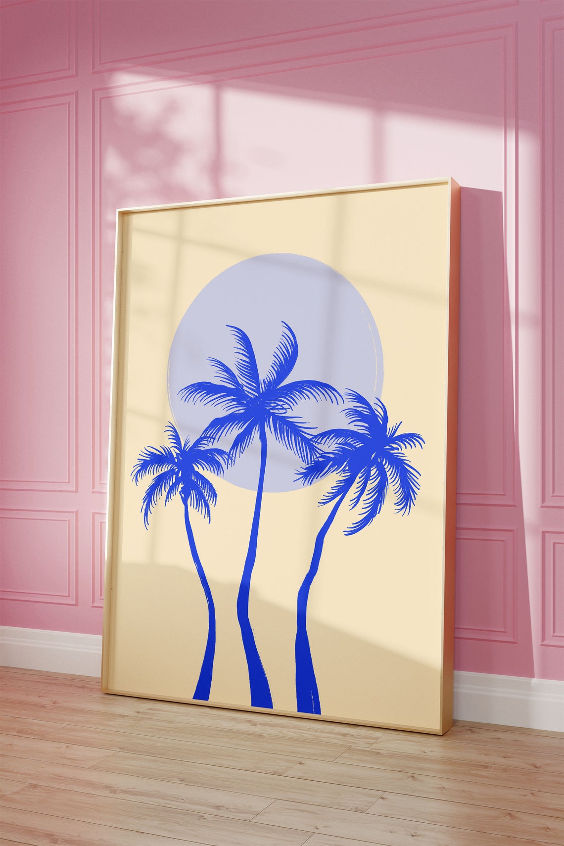 Chic Retro Blue Palm Trees Gray Moon Minimalist Coastal Poster - Image 2