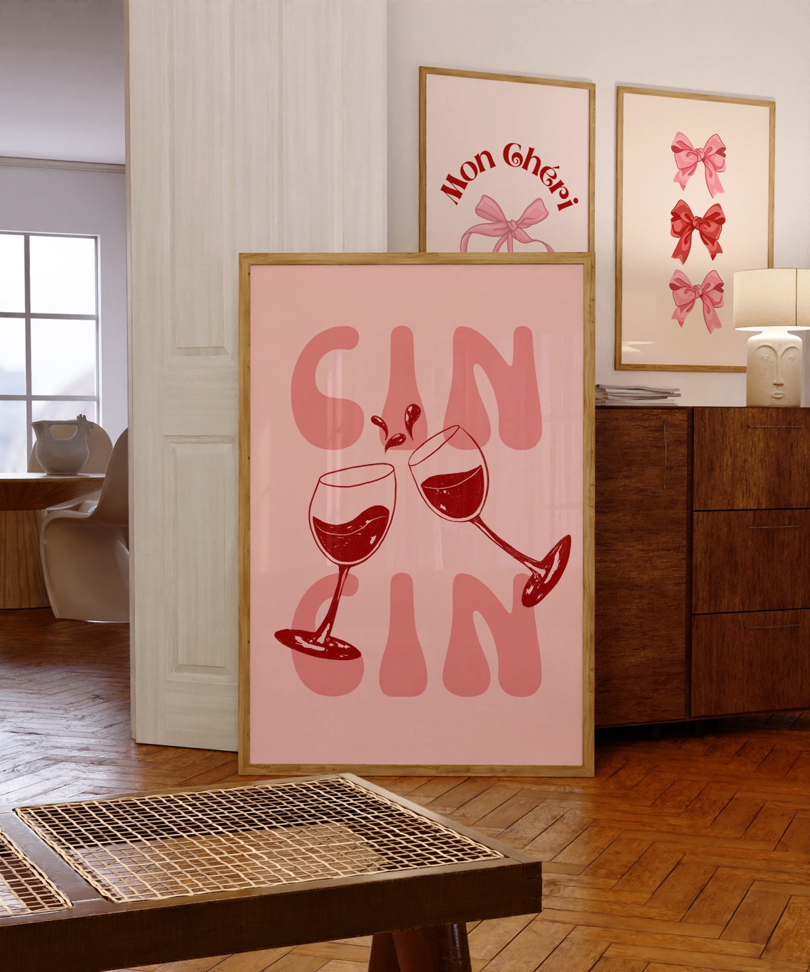 Cin Cin Pink Wine Toast Retro Bar Cart Typography Quote Poster - Image 3